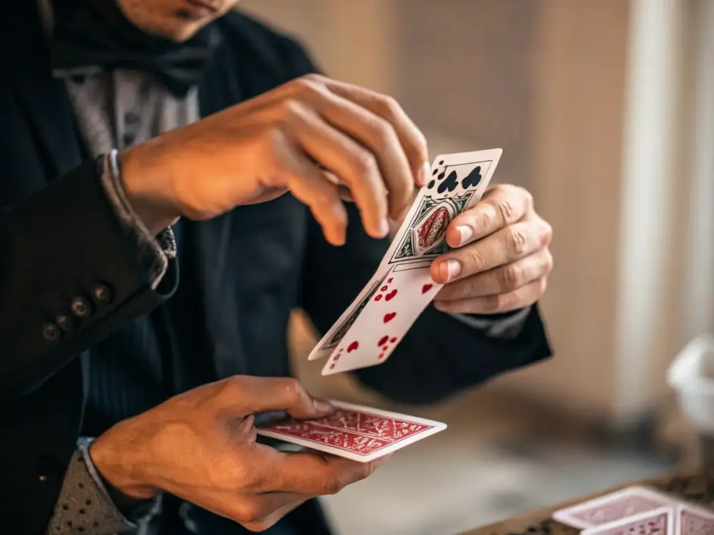 A vibrant photograph capturing a magician in the middle of a captivating card trick, with a surprised and delighted audience in the background, showcasing the interactive nature of the show.